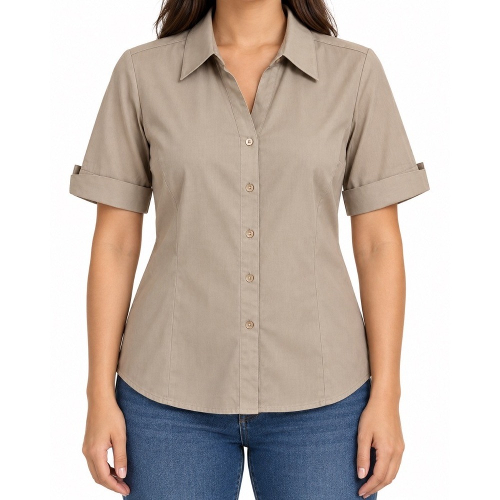 Geoffrey Beene Sport Womens Stretch Button Down Shirt Blouse Khaki Tan Size L